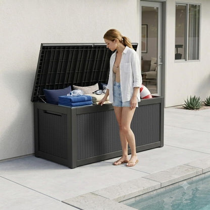 Outdoor Storage Box, 320 Gallon Waterproof Deck Box [Upgraded 3.0], Dual Gas-Spring Ultimate Resin Organizer for King Cushions, Heavy-Duty Lockable Estate Storage Bench, Backyard BBQ, Black