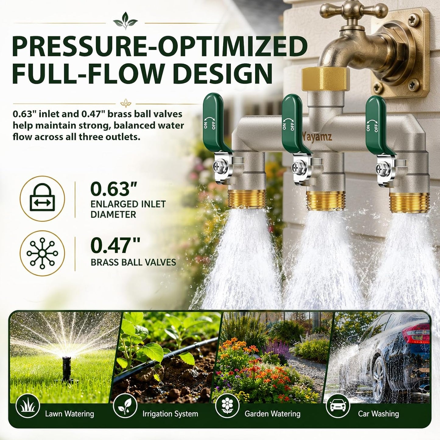 Garden Hose Splitter 3-Way, Heavy Duty Brass Hose Splitter | Outdoor Water Spigot Splitter, Full Flow, Long Handles, Shut-off Valves, Wide Spacing Fit Large Timer