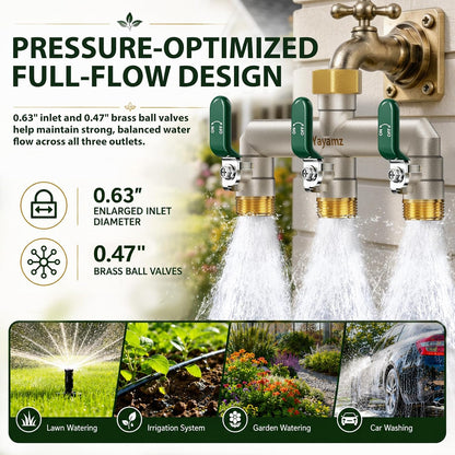 Garden Hose Splitter 3-Way, Heavy Duty Brass Hose Splitter | Outdoor Water Spigot Splitter, Full Flow, Long Handles, Shut-off Valves, Wide Spacing Fit Large Timer