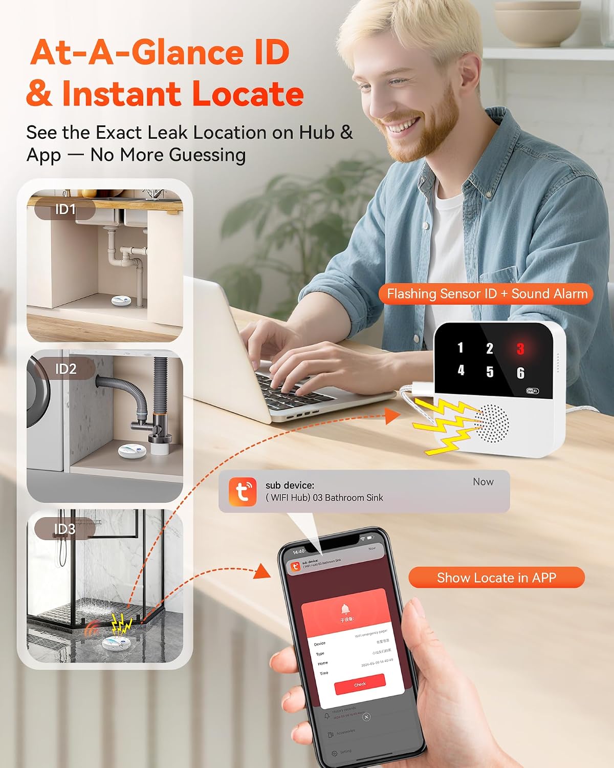 PILSAMAS Wireless Water Leak Detector, Loud Siren Water Sensor Alarm, IP67 | Top and bottom dual metal probes, Rustproof ABS plastic, Real-time drip and flood detection, Great for under sink or basement