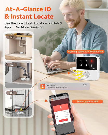 PILSAMAS Wireless Water Leak Detector, Loud Siren Water Sensor Alarm, IP67 | Top and bottom dual metal probes, Rustproof ABS plastic, Real-time drip and flood detection, Great for under sink or basement
