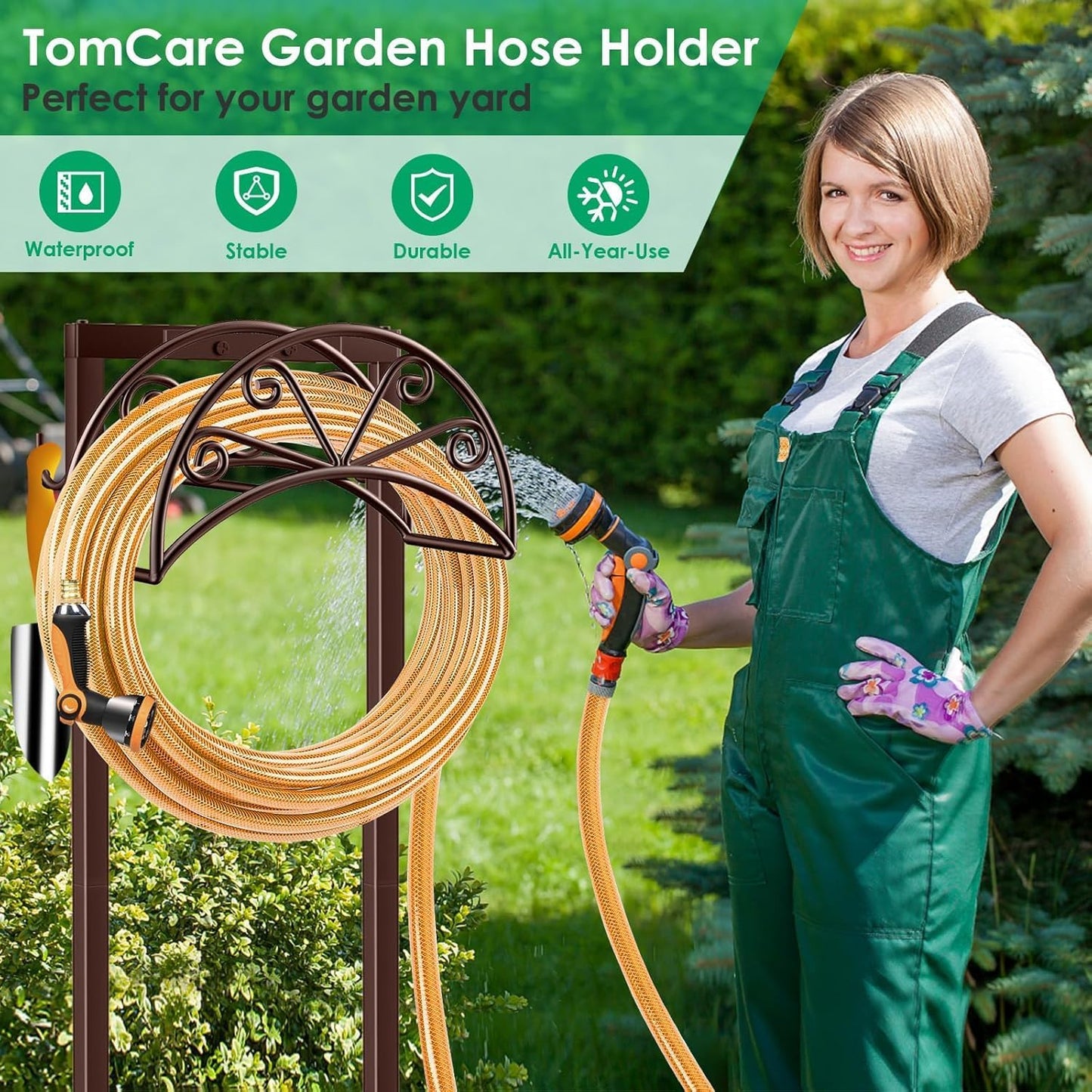 TomCare Garden Hose Holder Heavy Duty Water Hose Holder Holds 160 FT Hoses 4 Spikes Hose Reel Freestanding Hose Hanger Sturdy Hose Storage Stand for Outside Yard Lawn