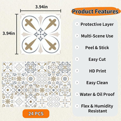 PVC Peel and Stick Tile Stickers 24Pcs Waterproof Removable Backsplash Wall Decals Self-Adhesive Subway Stickers for Kitchen Bathroom RV Instant DIY Upgrade Sticker (Style D, 3.94 x 3.94 Inch)