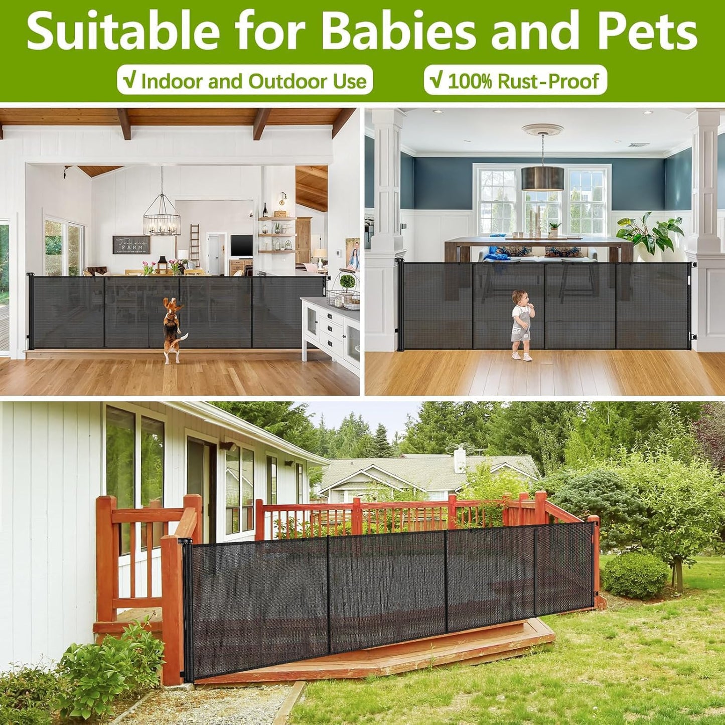 Newly Enhanced - 42" Tall × 120" Extra Wide Retractable Baby Gate Keeps Pets from Getting Under Tall Dog Gate, Indoor/Outdoor Baby Gates for Dogs, Retractable Dog Gate for Large Openings, White