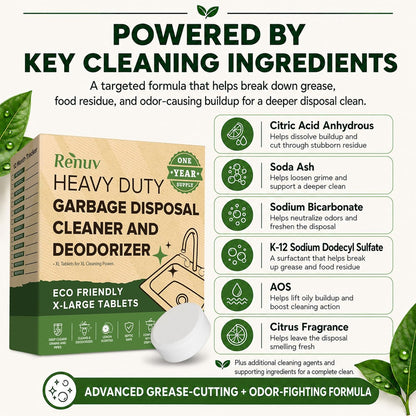 Renuv® Garbage Disposal Cleaner & Deodorizer Tablets, 12 XL Tablets | Foaming Citrus Scent, Drain Freshener, Kitchen Sink Odor Refresher For Garbage Disposer Cleaning