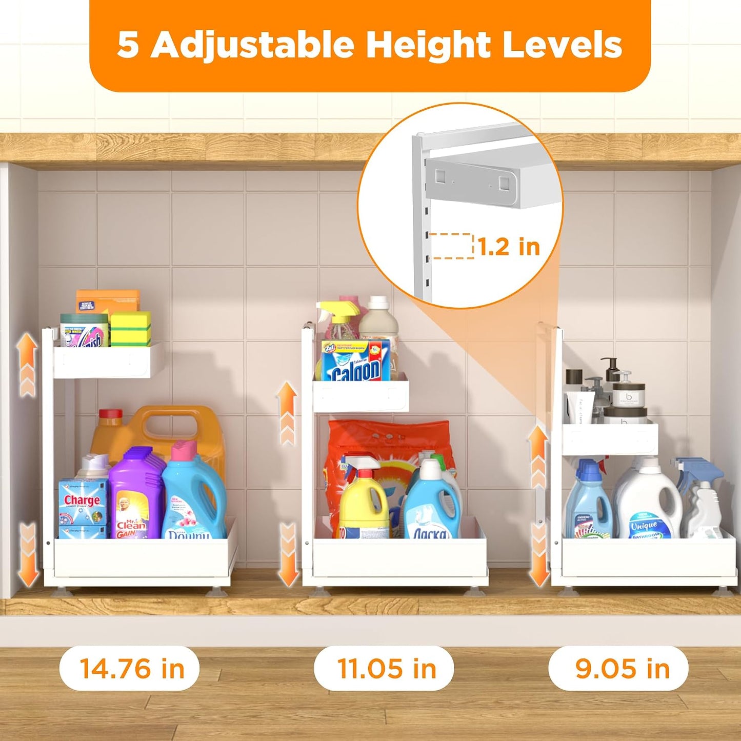 TATAANTY Under Sink Organizer, L-Shaped Metal 2-Tier Double Pull-Out Drawer for Kitchen & Bathroom Cabinets, Adjustable Height Storage - 50lbs Heavy Duty Waterproof 2PCS Height Adjustable