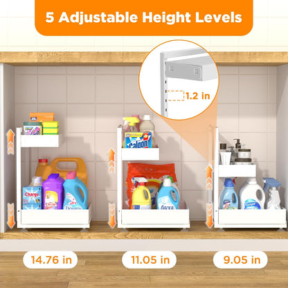 TATAANTY Under Sink Organizer, L-Shaped Metal 2-Tier Double Pull-Out Drawer for Kitchen & Bathroom Cabinets, Adjustable Height Storage - 50lbs Heavy Duty Waterproof 2PCS Height Adjustable