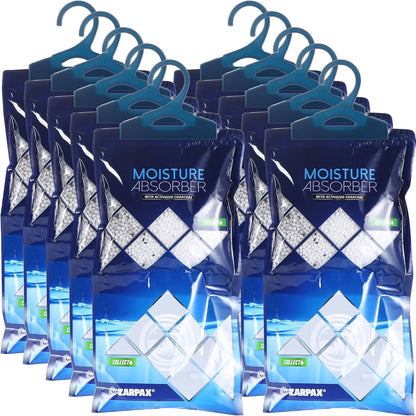 ZARPAX Hanging Moisture Absorber Fresh Cotton 10.6 oz/300g | Moisture Absorbing Bags for Bathroom, Closet, Kitchen & Vehicles | Removes Moisture, Humidity & Odors | Portable Dehumidifier | Set Of 10