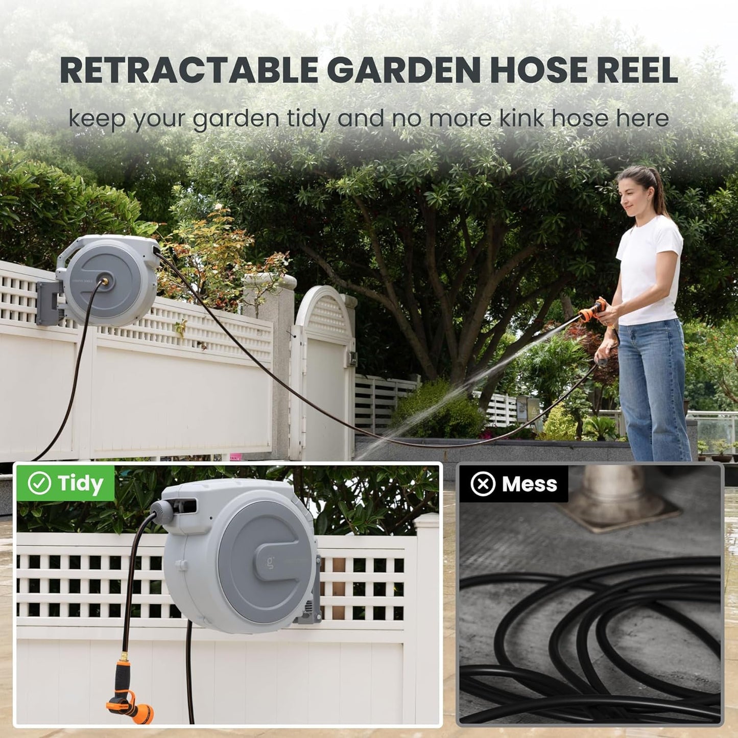Giraffe Tools Retractable Garden Hose Reel 1/2 Inch x 100 ft, Super Heavy Duty, Any Length Lock, Slow Return System, Wall Mounted and 180 Deg Swivel Metal Bracket