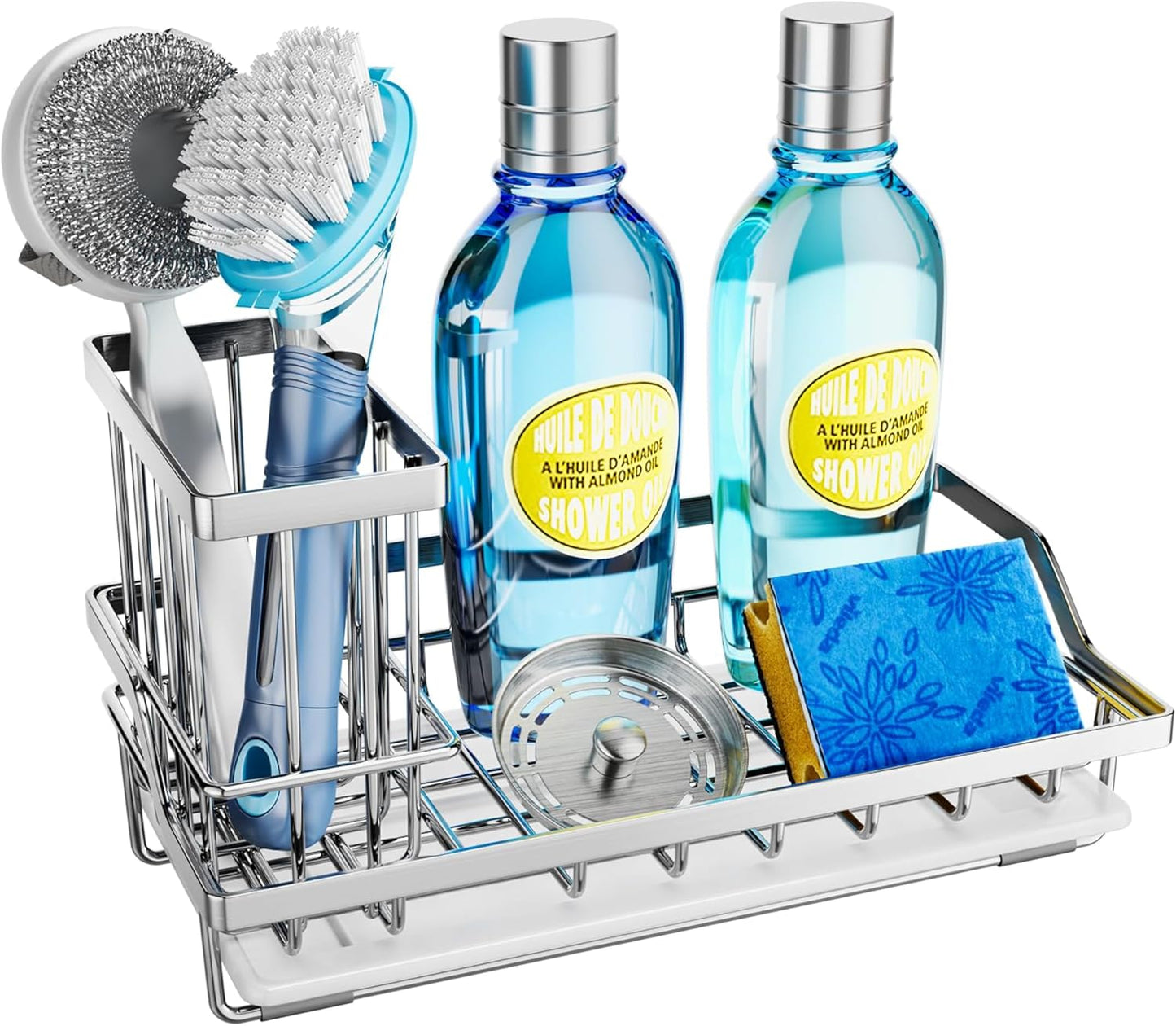 SWTYMIKI Sink Caddy Sponge Holder - Kitchen Sink Organizer with High Brush Holder for Countertop to Hold Dish Soaps and Sponges, Stainless Steel, Black