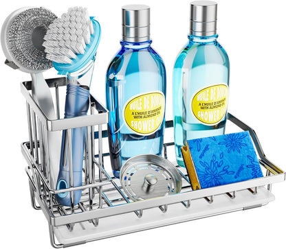 SWTYMIKI Sink Caddy Sponge Holder - Kitchen Sink Organizer with High Brush Holder for Countertop to Hold Dish Soaps and Sponges, Stainless Steel, Black