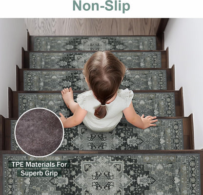 sarben Non Slip Stair Treads for Wooden Steps 15PCS - 8"x30" Indoor Safety Carpet, Edging Mats with TPE Adhesive Backing, Pet and Elderly Friendly Stair Rugs (Taupe) - Colors A