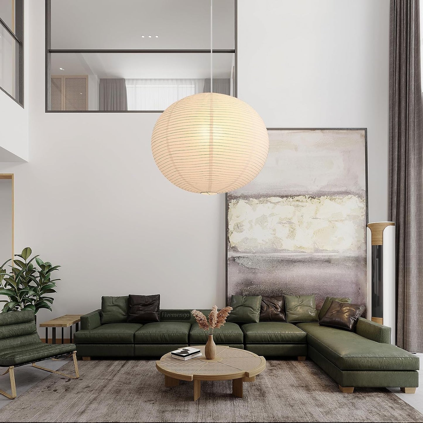 Large Rice Paper Pendant Light Kit, 20in White Globe Paper Lantern Lights, E26 Base, Japanese Hanging Lantern Lamp Japandi Chandelier for Dining Room Bedroom Office Living Room