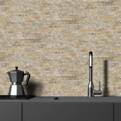 STICKGOO 20 Sheets Peel and Stick Backsplash Tile, Stick on Backsplash for Kitchen and Bathroom, White Sandstone Look PVC Mixed Metal Gold Self Adhesive Wall Tiles