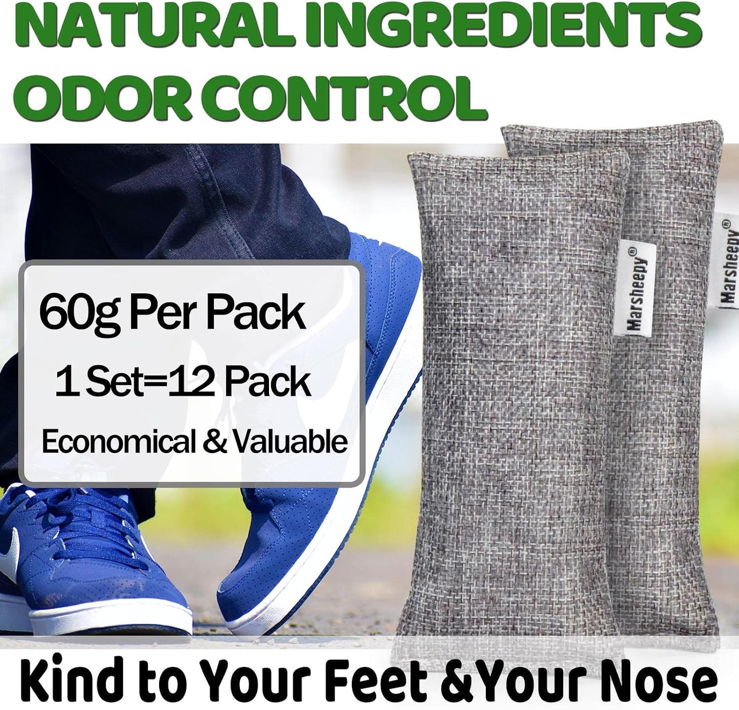 Marsheepy 6 Pack Activated Charcoal Odor Absorber Bags, Shoe Deodorizer insert and Shoe Odor Remover, 100% Natural Shoes Smell Remover，Shoe Odor Eliminatorr (60g X 6 PACK)