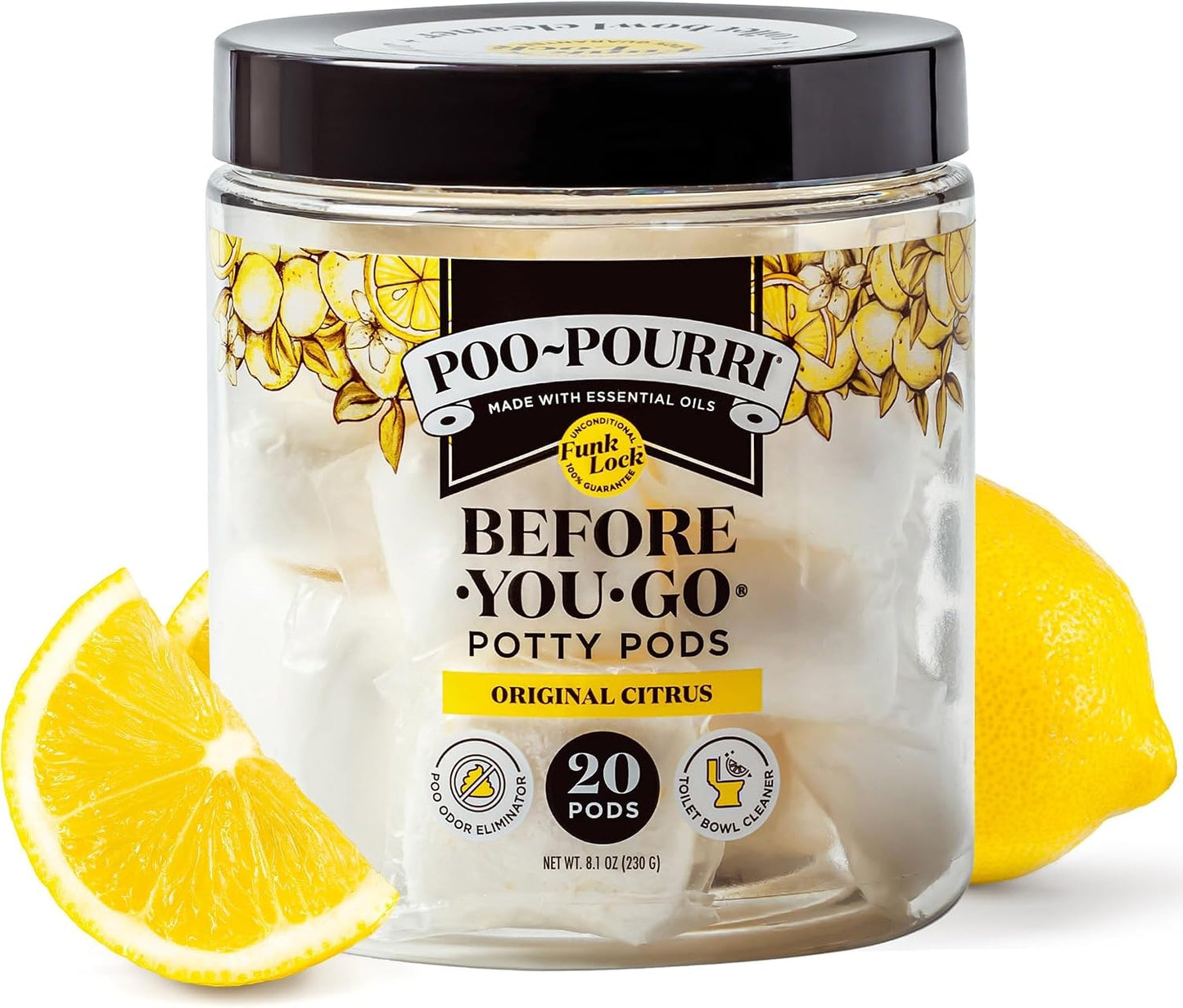 Poo-Pourri Before-You-Go 2-in-1 Toilet Potty Pods, Original Citrus, 5 Ct, Bathroom Odor Deodorizer and Toilet Cleaner with Essential Oils, Lemon, Bergamot and Lemongrass Scent (Pack of 4)