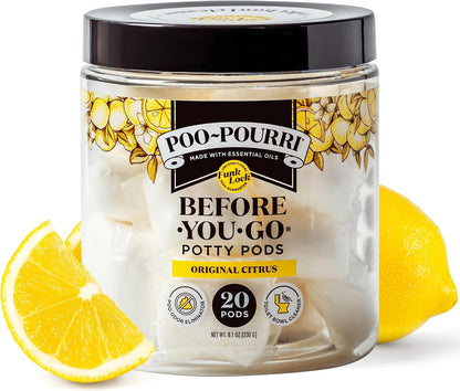 Poo-Pourri Before-You-Go 2-in-1 Toilet Potty Pods, Original Citrus, 5 Ct, Bathroom Odor Deodorizer and Toilet Cleaner with Essential Oils, Lemon, Bergamot and Lemongrass Scent (Pack of 4)