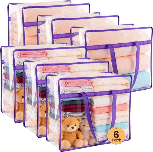 8 Pack Clear Clothes Storage Bags, Double Zipper Design 40L Underbed Moving Bags for Blankets and Clothes, Large Capacity Closet Organizers and Storage for Dormitory, Bedroom, Closet-Purple