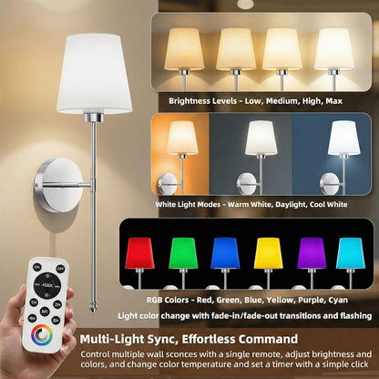 IRONPAX Wall Sconces Battery Operated Set of 2, Wireless Rechargeable Wall Sconce Set of Two, Dimmable Wall Lights with Remote for Bedroom Living Room Hallway Decor (Gold, Fabric Shade)