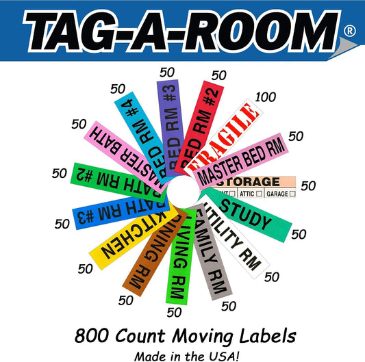 Tag-A-Room Moving Box Labels – 800 Color Coded Labels for Moving Boxes, Room ID Packing Stickers + 100 Fragile Box Stickers, Home & Apartment Moving Organization Supplies (4 Bedroom Pack)