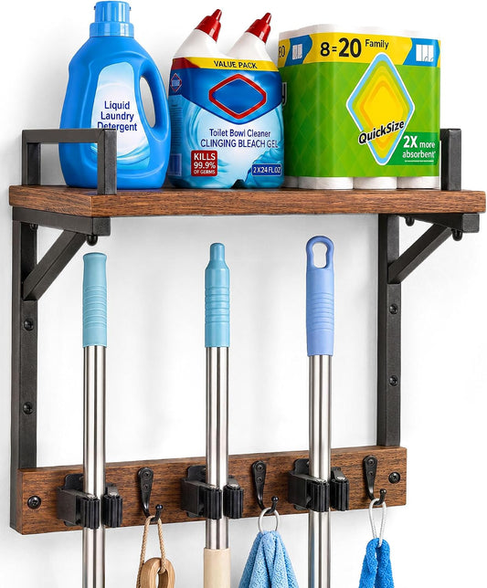 Lorbro Broom Holder Wall Mount with Cleaning Supplies Storage, Heavy Duty Broom and Mop Organizer Wall Hanging, Wooden Mop Organizer Hanger, 3 in 1 Storage Shelves for Laundry Room, Garage, Closet