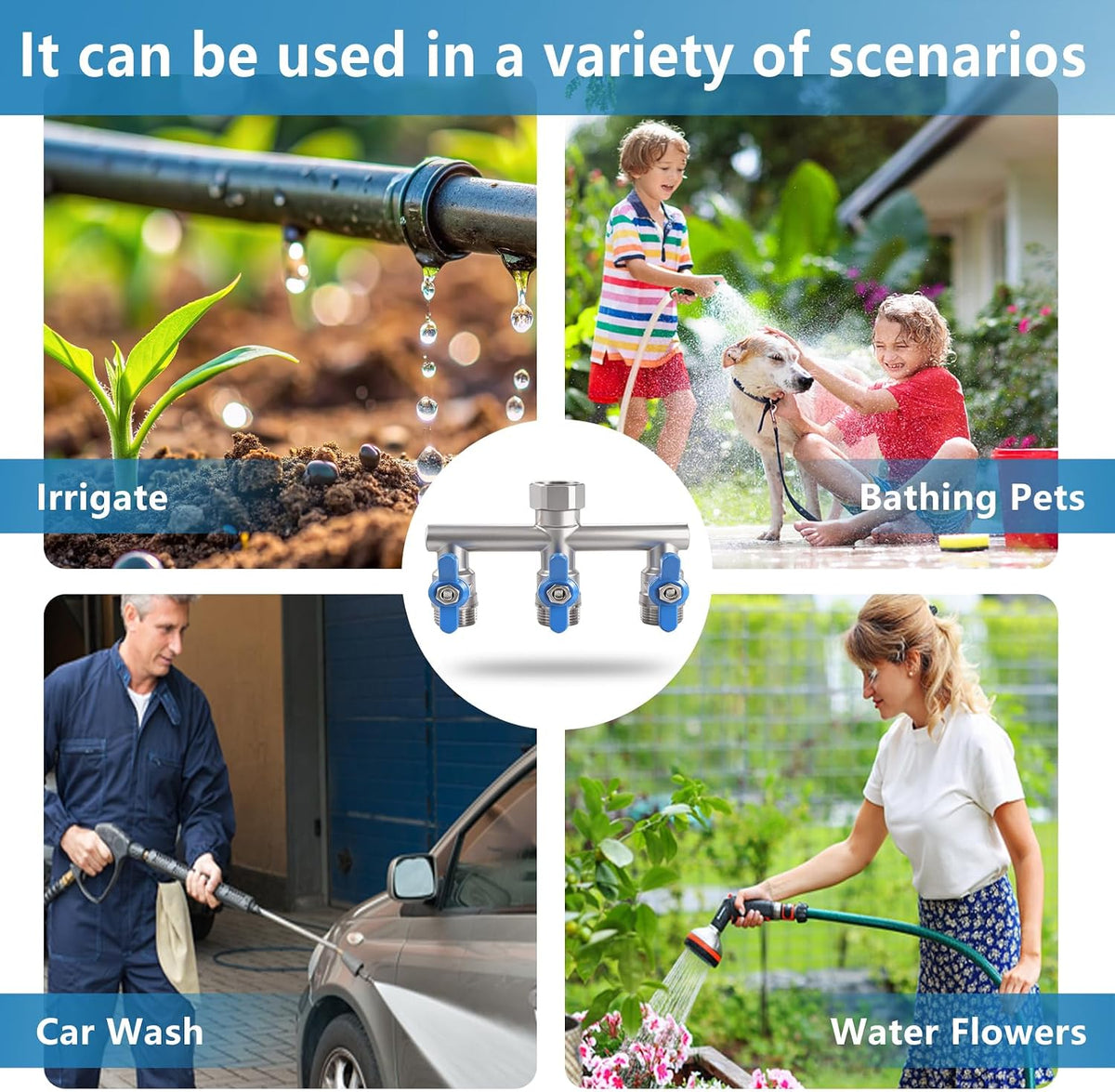 304 Stainless Steel Garden Hose Splitter 4 Way Heavy Duty, Full Flow T Valve Water Hose Splitter With 2.1" Extra Long Handle, Lead-free，3/4" GHT Thread Connector For Outdoor Spigot Faucet