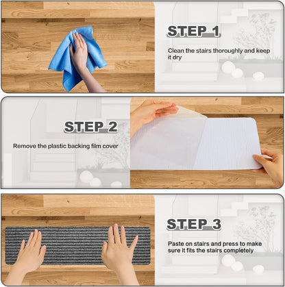 15 Pack 8 "X 30" Non-Slip Carpet Stair Treads for Indoor Wooden Steps, Made of Polyester and Reusable Adhesive, Suitable for Kids Elders and Pets（Black Lines）