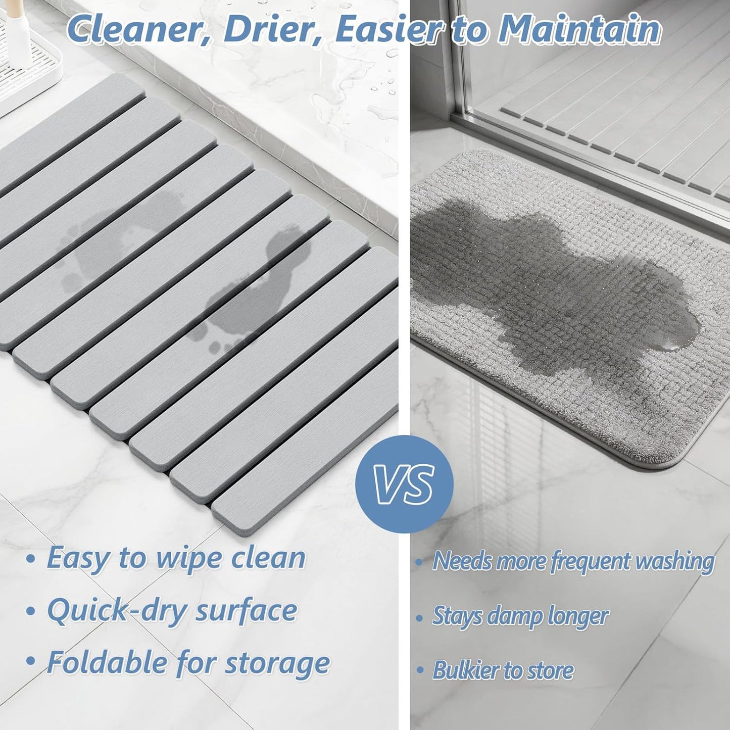 AWW Foldable Stone Bath Mat, Quick Dry Diatomaceous Earth Bath Mat with Non-Slip Mat, Super Absorbent, Easy to Clean, Compact for Small Bathrooms, 23.6 x 15.5, Grey