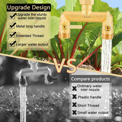 EBH Brass Garden Hose Splitter, 3 Way High Flow Outdoor Faucet Splitter,Full Flow 3-Way Brass Heavy Duty Hose Splitter With 3 Long Metal Handle and Individual On/Off Valve。