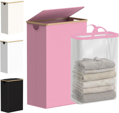 efluky Slim Laundry Basket with Lid, Narrow Laundry Hamper with Removable Bag, Skinny Dirty Clothes Basket with Bamboo Handles for Bathroom, Bedroom & Laundry Room, 75L Beige