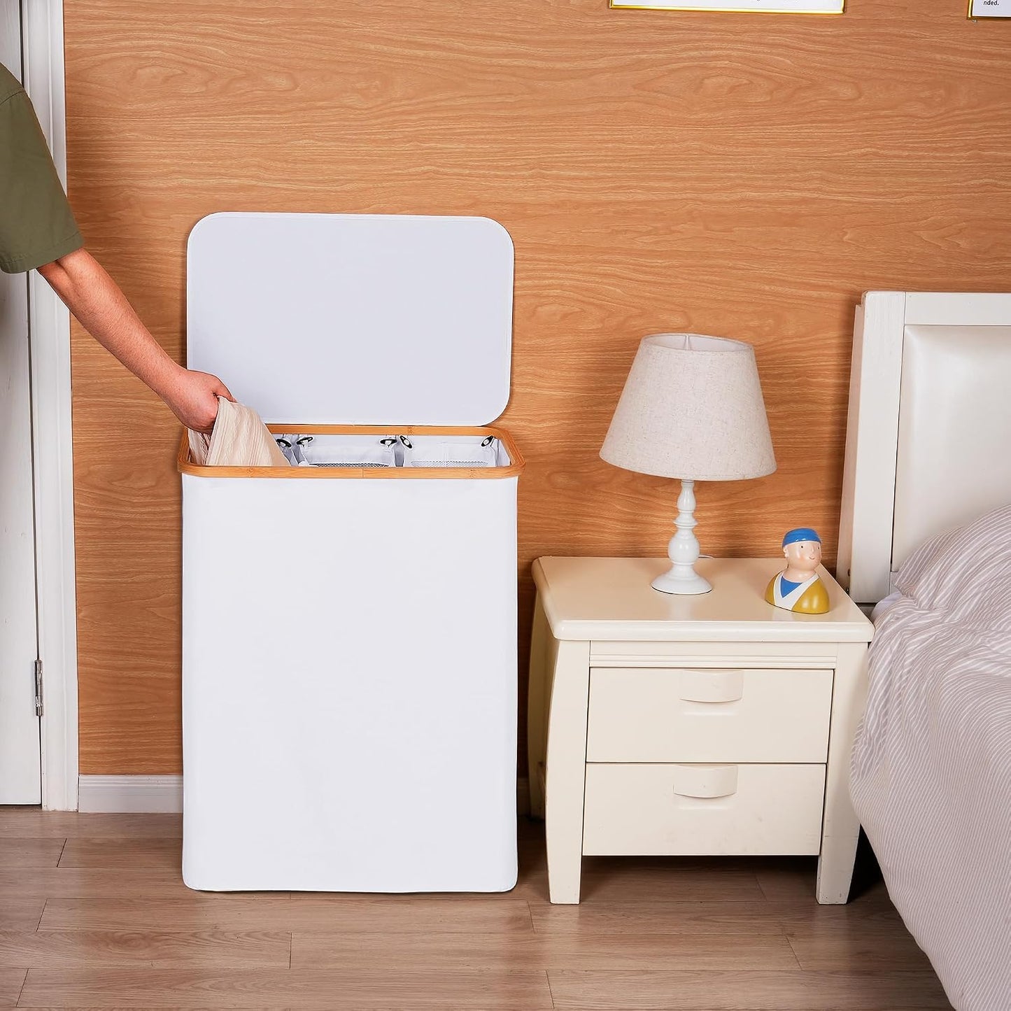 efluky Laundry Hamper with Lid, Trio Laundry Basket with 2 Removable Bags, 3 Section Laundry Bin with Bamboo Handles for Bathroom, Bedroom & Laundry Room, 160L (42.3 Gallon) Beige