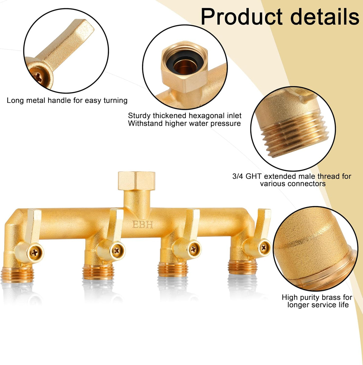 EBH Brass Garden Hose Splitter, 3 Way High Flow Outdoor Faucet Splitter,Full Flow 3-Way Brass Heavy Duty Hose Splitter With 3 Long Metal Handle and Individual On/Off Valve。
