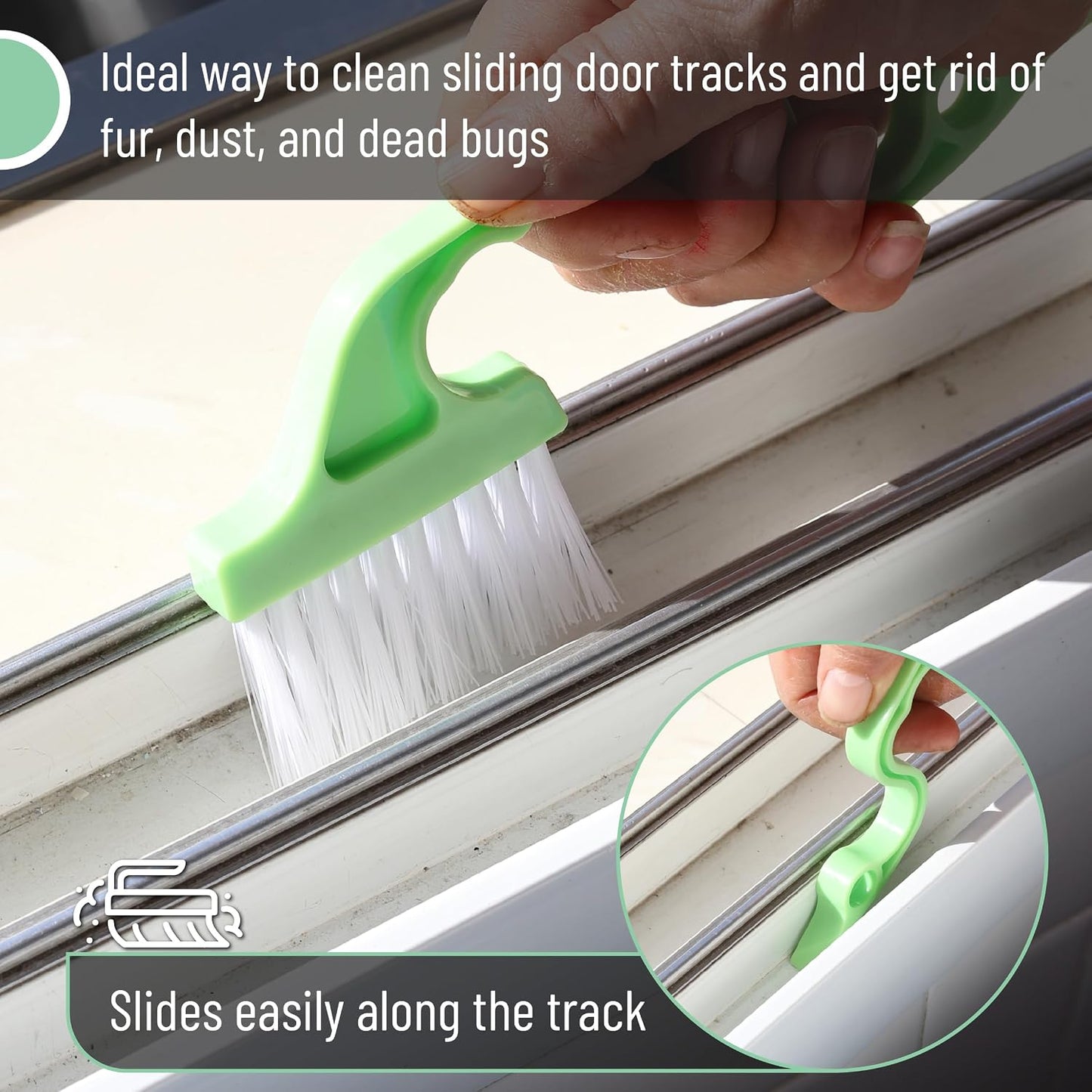 Slick- Window Track Cleaning Brush, 2 Pack, Blue Ergonomic Handle | Built-in Scraper, Multipurpose Window Track Cleaning Tool for Sliding Doors, Windows, Corners, Dust, Dirt & Narrow Gaps