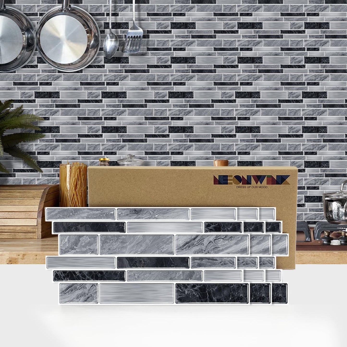 Vinyl Grey Black Tiles backsplash Wallpaper Peel and Stick,Waterproof Tile Decals for Kitchen Bathroom Restaurant Apartment Wall Renovation or Decor(25 Pcs 9.68 * 4.53 inch)