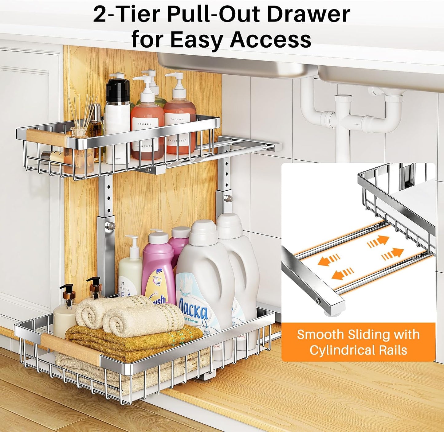 PXRACK Under Sink Organizer, Adjustable Height, 2 Tier Pull Out Under Cabinet Organizer, Slide Out Thickened Metal Under Sink Storage for Kitchen Bathroom Laundry Pantry Cabinet, White, Large-1-Pack