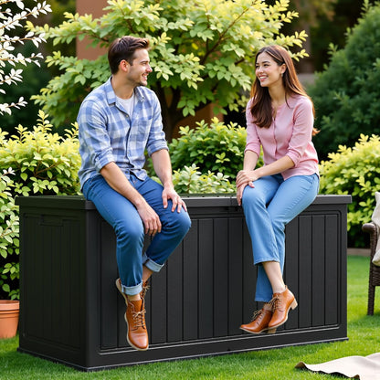 Flamaker Resin Deck Box 120 Gallon Waterproof Large Outdoor Indoor Storage Box Imitation Wood Resin for Patio Furniture Garden Tools and Pool (Black)