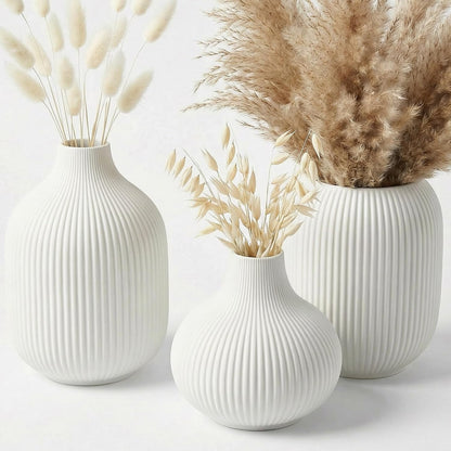 White Ceramic Flower Vases Set of 3, Modern Matte Vertical Ribbed, Nordic Minimalist Decor for Pampas, Dried & Fresh Flowers, Centerpiece for Living Room, Shelf, Entryway, Wedding,Office