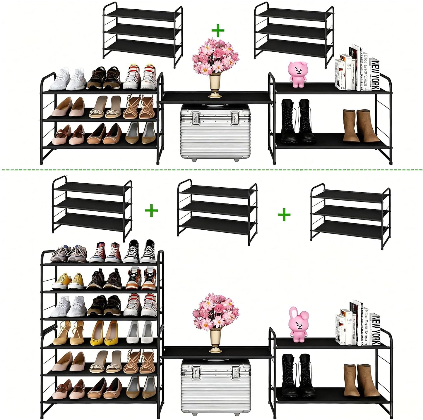 Ekisemio 3-Tier Long Metal Shoe Rack, Wide Stackable Shoe Organizer for Closet & Entryway, with Sturdy Wire Grid Storage Shelf for Bedroom, Black