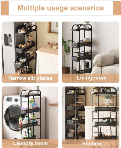 UMDONX Slim Storage Cart 5 Tier with Pull Out Basket Bathroom Organizer Rolling cart, Rolling Utility Cart Slide Out Organizer for Kitchen, Bathroom, Laundry Black