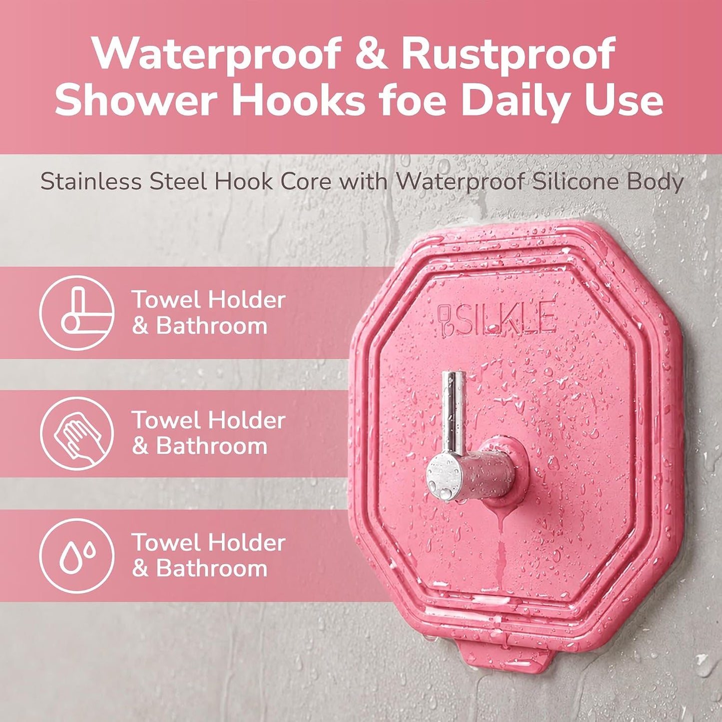 SILKLE Adhesive Silicone Shower Hooks - Adhesive Wall Hooks & Towel Holder for Bathroom, Tile, Glass, No-Drill, Waterproof & Rustproof, Heavy-Duty Stainless Steel, Damage-Free Removal - 2 Pack, Brown