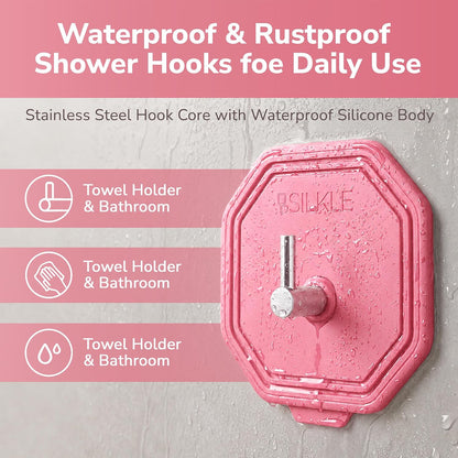 SILKLE Adhesive Silicone Shower Hooks - Adhesive Wall Hooks & Towel Holder for Bathroom, Tile, Glass, No-Drill, Waterproof & Rustproof, Heavy-Duty Stainless Steel, Damage-Free Removal - 2 Pack, Brown
