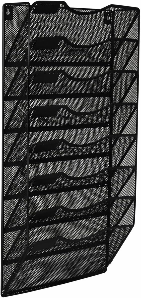 EasyPAG 5 Pocket Mesh Wall File Organizer with Key Hooks, Hanging Paper Folder Holder with Classify Label, Vertical Wall Mount Mail Organizer for Office Home Classroom, Black