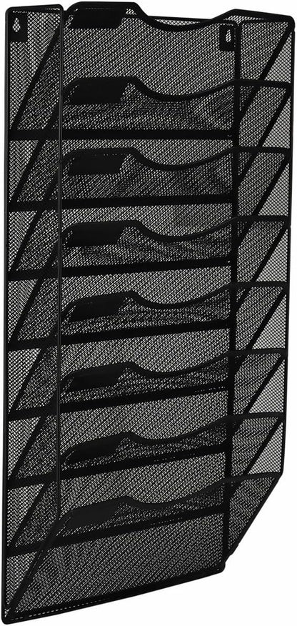 EasyPAG 5 Pocket Mesh Wall File Organizer with Key Hooks, Hanging Paper Folder Holder with Classify Label, Vertical Wall Mount Mail Organizer for Office Home Classroom, Black