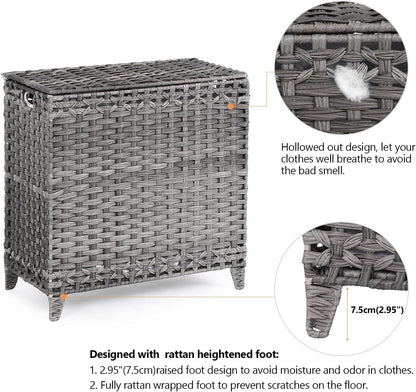 Laundry Hamper with 3 Removable Liner Bags; 132L Handwoven Rattan Laundry Basket with Lid & Heightened Feet; Clothes Hamper with Side Handles; Laundry Sorter with 3 Separate Sections