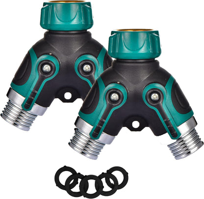 Garden 2 Way Hose Splitter Y Connector with Comfortable Rubber Grip and 360 °Rotatable Top Quick Connect Garden Hose Tee Equipment Valve Shut Off (Green 2)
