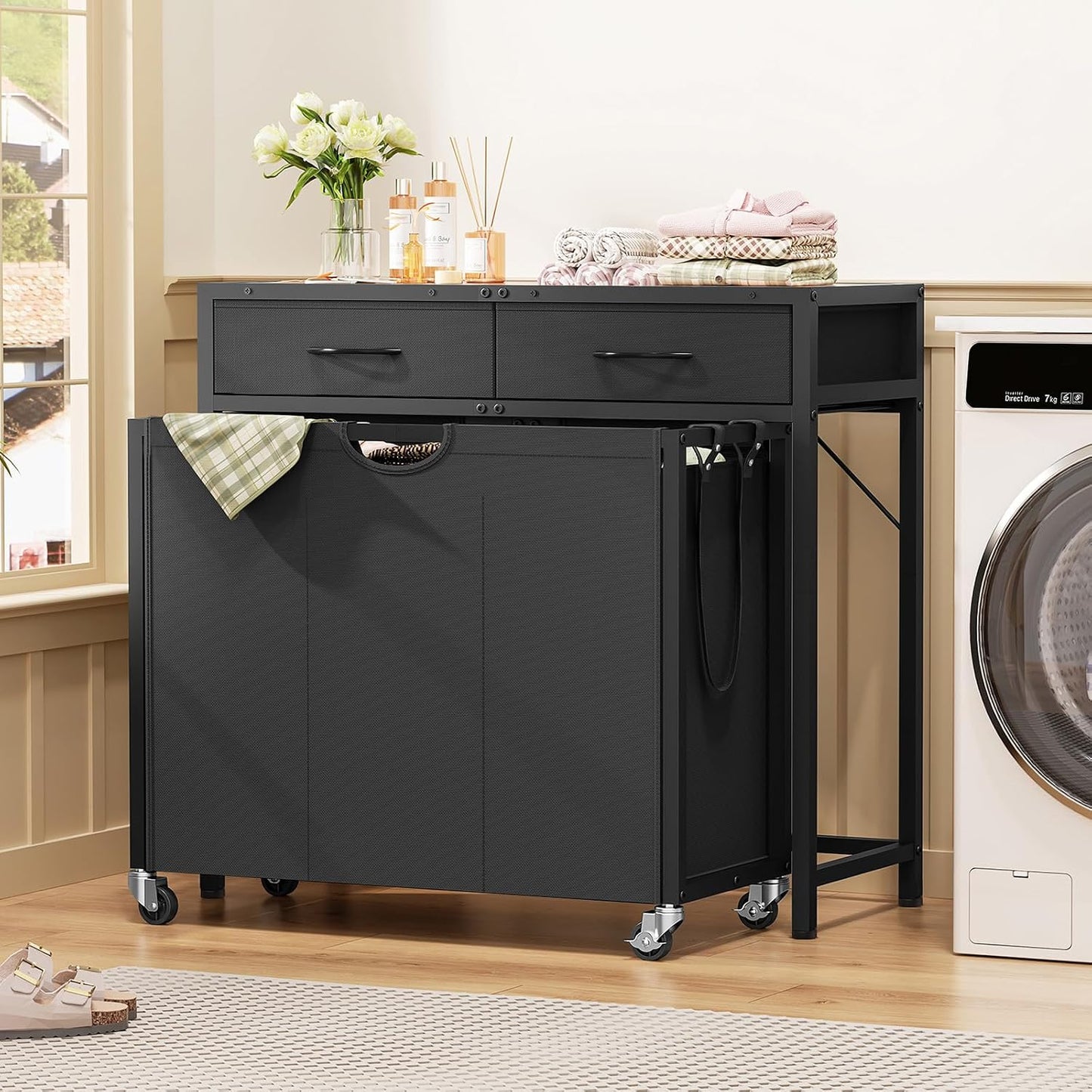 Laundry Sorter 3 Section, 120 L Laundry Hamper with 2 Drawers & 2-tone Top Panel, Rolling Laundry Basket Organizer with Pull-Out Removable Oxford Fabric Bags for Laundry Room Organization UNZYL006BVV3