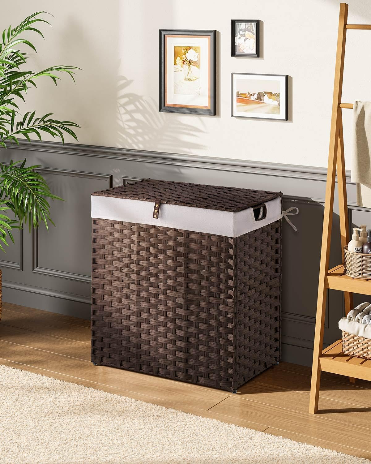 Greenstell Laundry Hamper with 2 Removable Liner Bags, Foldable Divided Clothes Hamper, 90L Handwoven Rattan Laundry Basket with Lid and Handles, No Assembly Needed, 18.3x13.3x24 Inches, Black