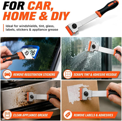 2 Pack Razor Blade Scraper with 10 Plastic and 20 Metal Blades for Removing Paint, Registration Sticker, Grease from Windshield, Glass Top Stove Cooktop Scraper