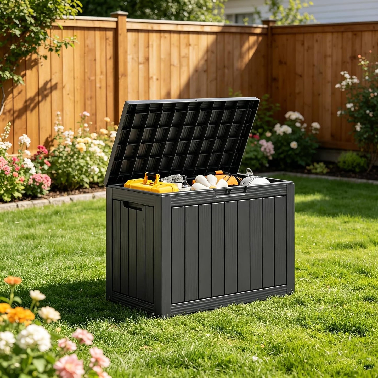 Outdoor Storage Box, Resin Deck Boxes Indoor and outdoor, Waterproof Storage Box Lockable Lid (Black, 85 Gallon)