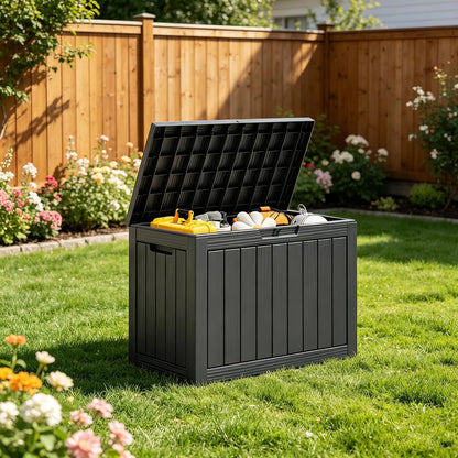 Outdoor Storage Box, Resin Deck Boxes Indoor and outdoor, Waterproof Storage Box Lockable Lid (Black, 85 Gallon)